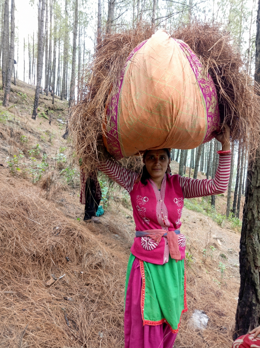 A local collector carrying a large bundle of pine needles through the forest