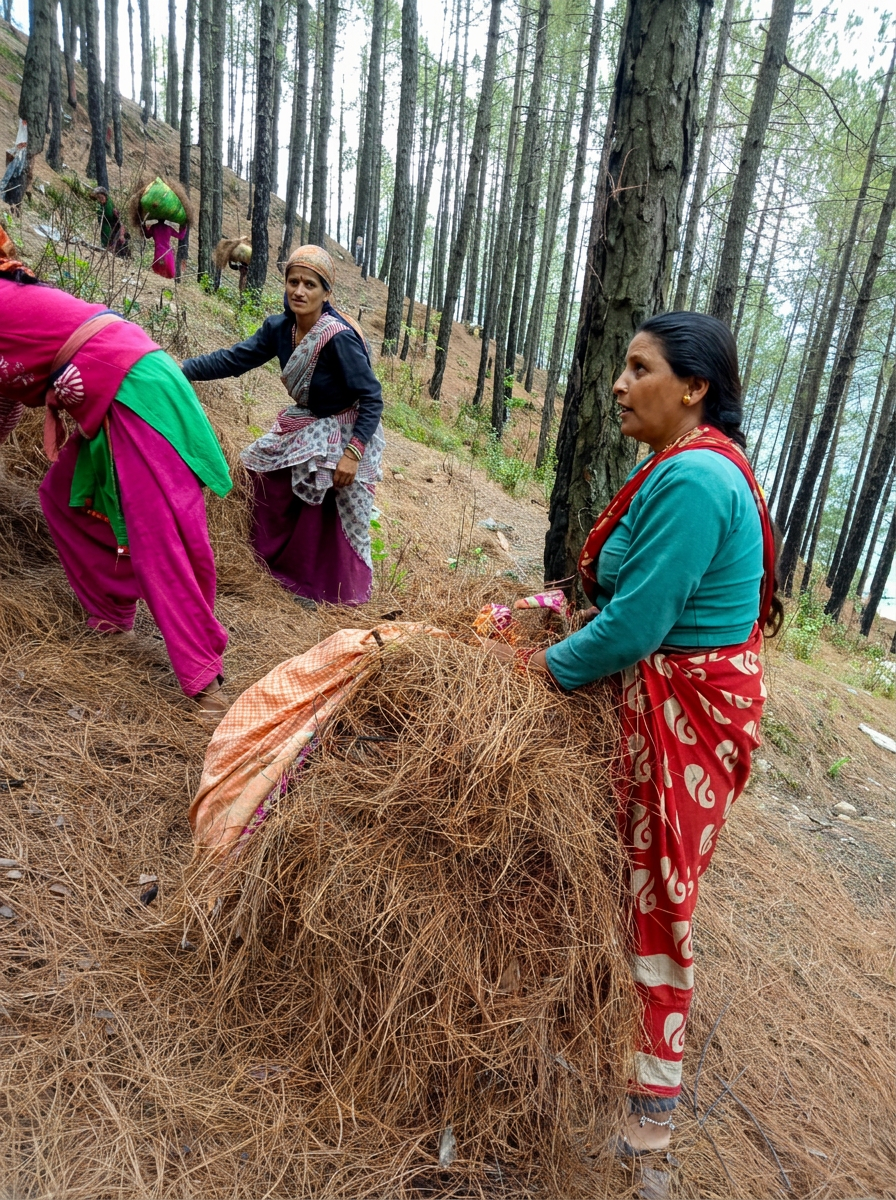 Women gathering and bundling fallen pine needles in the forest
