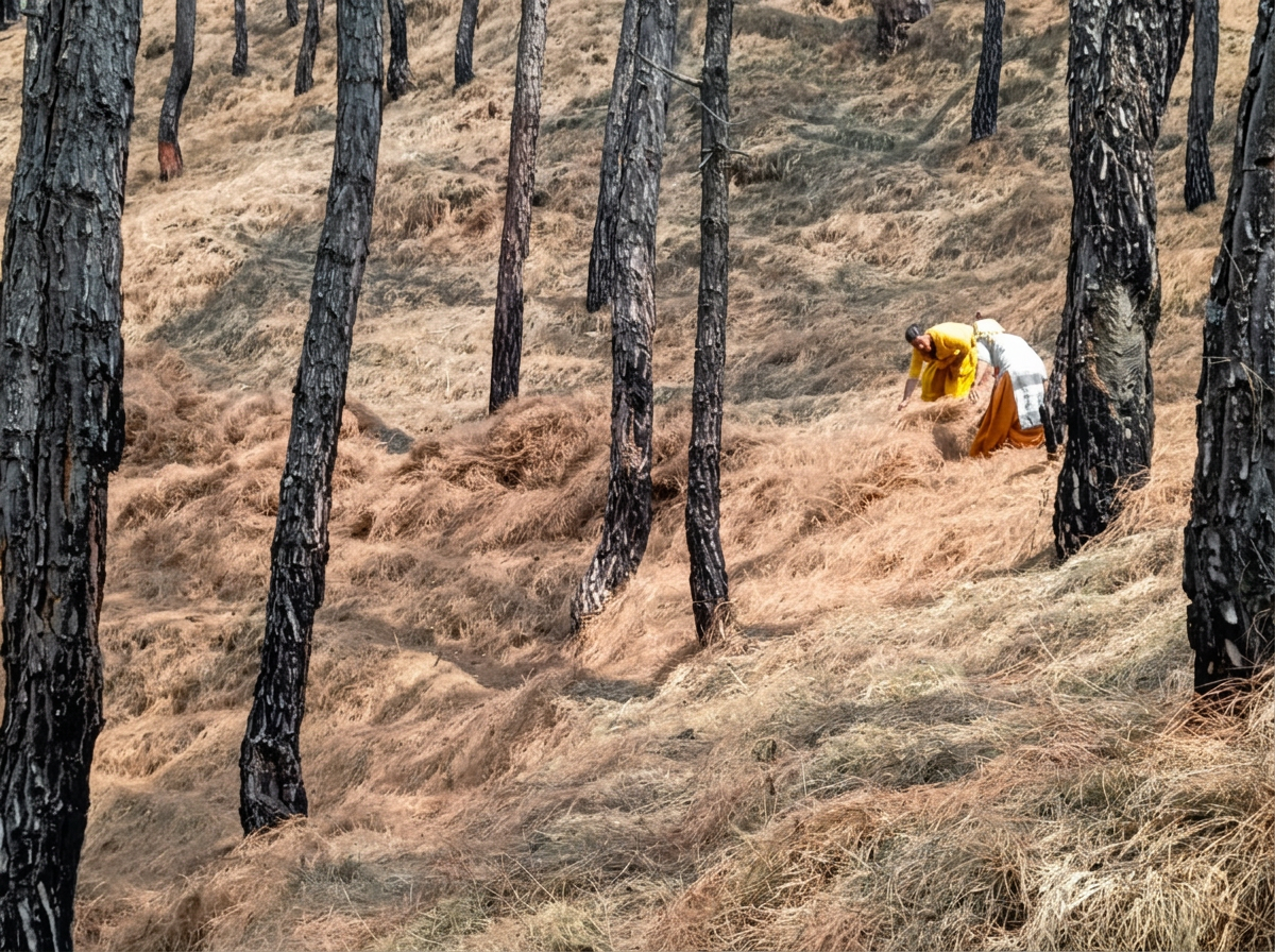 Women gathering fallen pine needles between Chir Pine trees on a forest slope